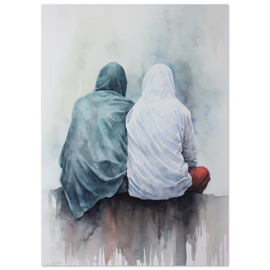 A Silent Companionship painting of two people sitting on a bench, perfect as colored wall art for your room.