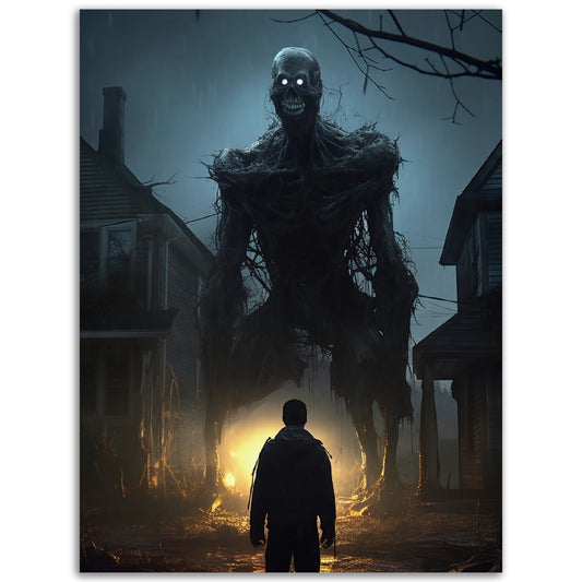 A high quality Soul Eater poster of a man standing in front of a giant monster.