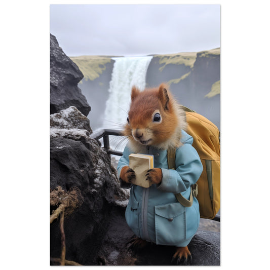 A colored wall art of a Squirrel Trekker in front of a waterfall.