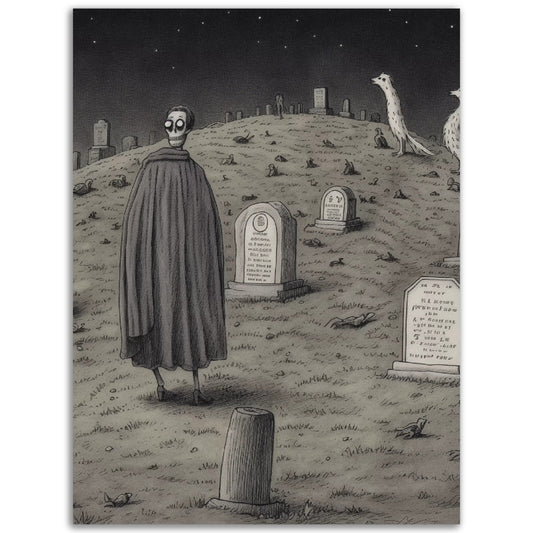 A high quality Standing Ovation of a skeleton in a cemetery, perfect for wall art or posters for room decoration.