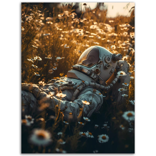 A mesmerizing colored wall art featuring an astronaut surrounded by a picturesque field of daisies. Perfect for adding a touch of vibrancy to any room, Stellar Rest posters will transport you.