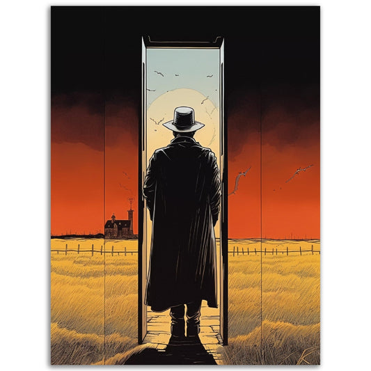 A man in a hat and coat standing in front of an open door, featured in Step Through The Doorway poster wall art.