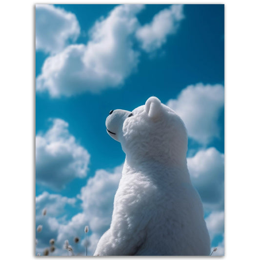 A white Teddy Watches The Sky gazing up at the sky, perfect for posters for room.