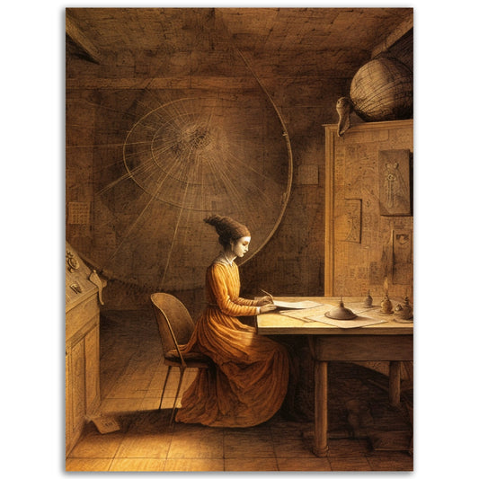 The Alchemist's Daughter, colored wall art of a woman sitting at a desk.