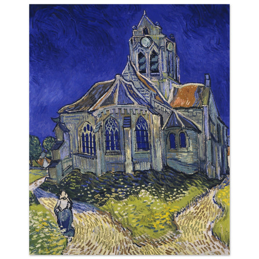 A high-quality poster of The Church at Auvers with a woman in front of it, perfect for decorating any room.