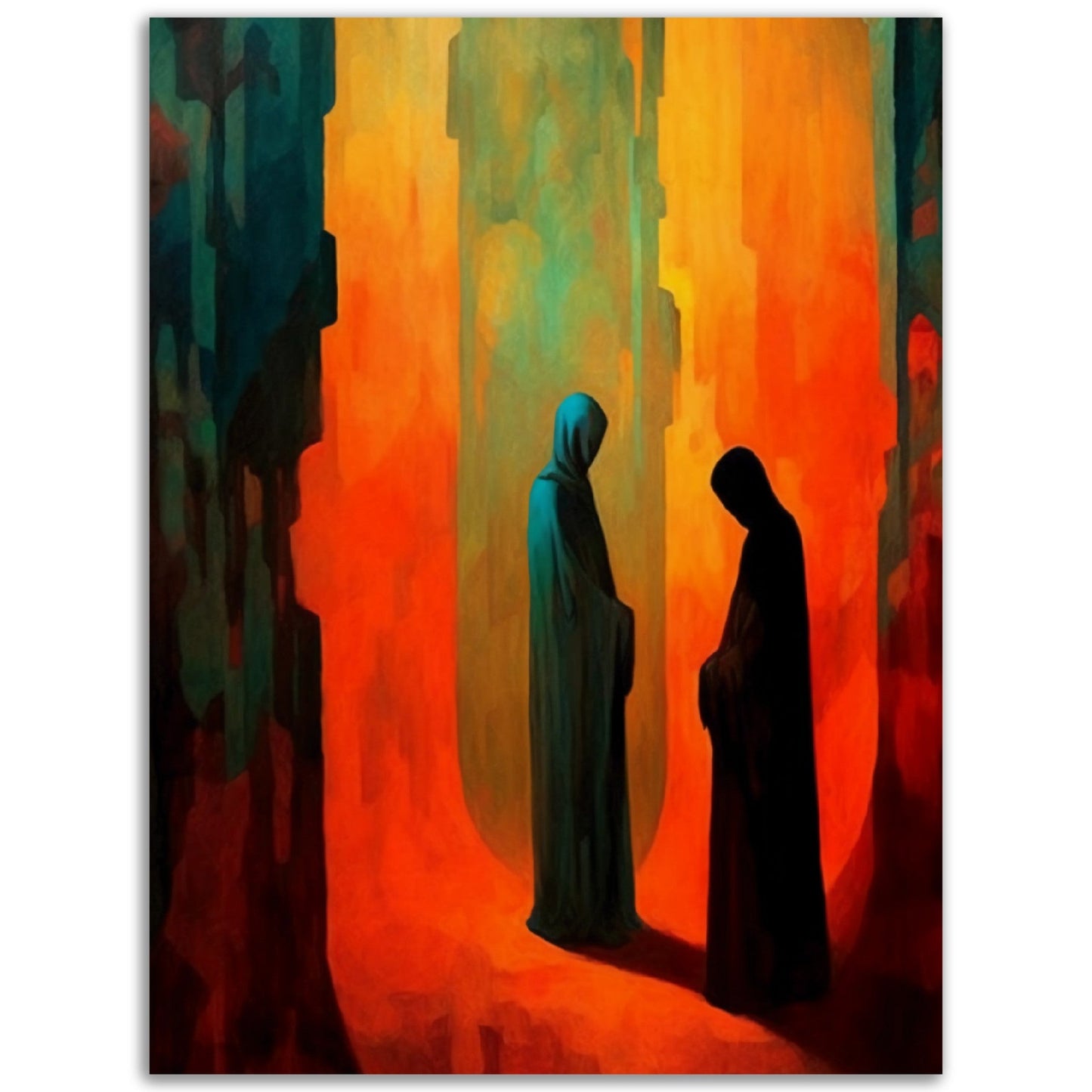 A high-quality colored wall art poster featuring two people standing in a dark cave called "The Exchange".