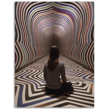 A woman sitting on the floor in front of The Hypnotic Labyrinth, surrounded by high quality poster wall art.