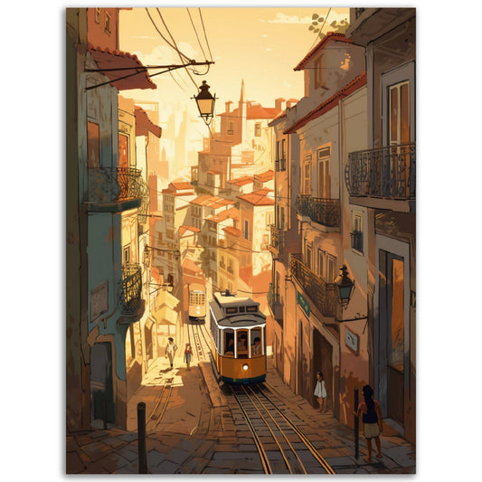 A high-quality wall art poster of The Losboa Tram going down a street in Lisbon.