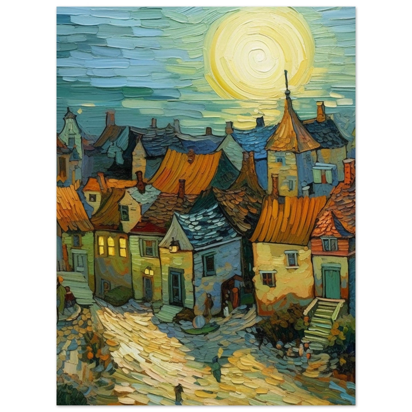 A captivating Painted Village featuring a serene night scene with charming houses illuminated by the gentle glow of a moon. Perfect Poster Wall Art to elevate the ambiance of any room.