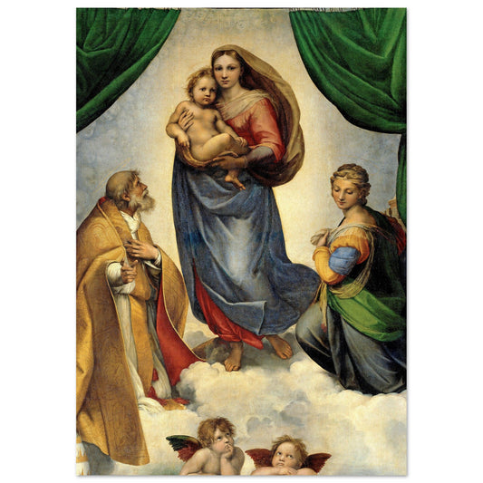 The Sistine Madonna featuring the virgin and child with angels.