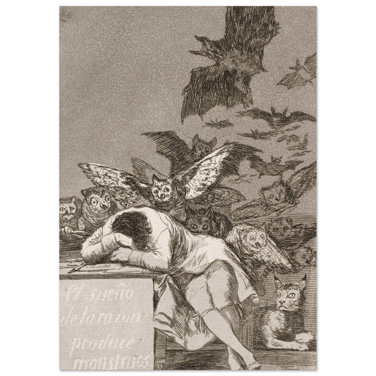 High Quality Posters for Room Decor: The Sleep of Reason Produces Monsters; A mesmerizing illustration of a man peacefully sleeping amidst a captivating arrangement of bats.