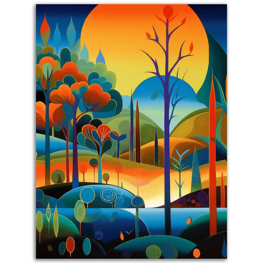 A Pop Art and captivating poster, The Song of the Unseen, depicting trees and a lake at sunset. Perfect for adding a pop of color and artistic flair to any room.