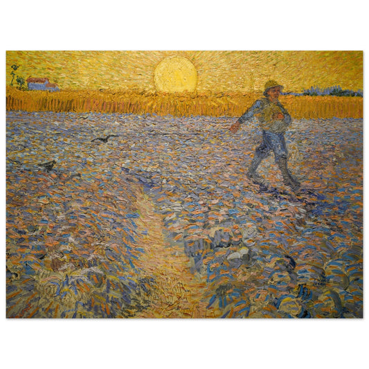 A high quality poster of The Sower at Sunset walking through a field of sunflowers.