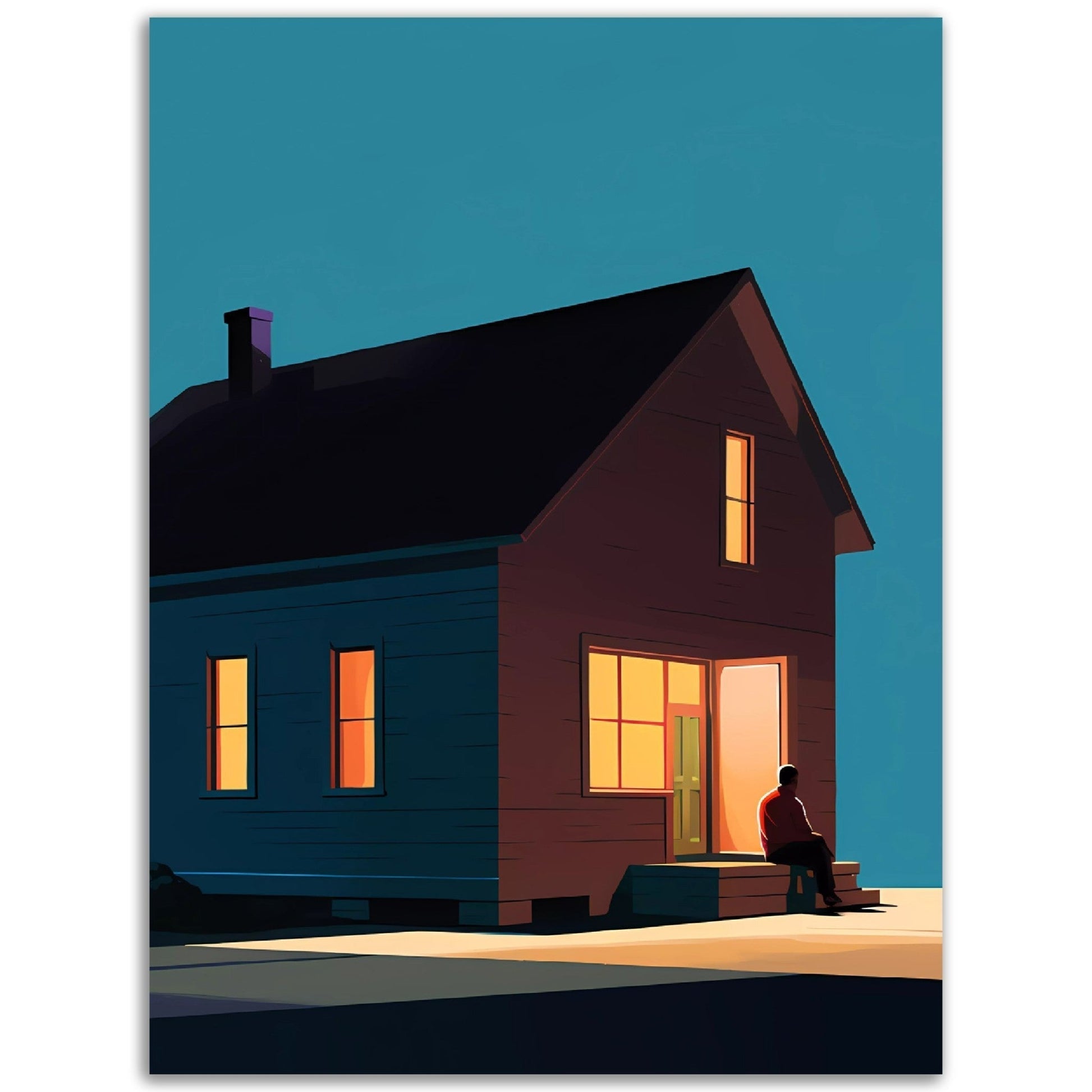 A mesmerizing illustration of a man sitting outside a house at night, perfect for adding a touch of elegance to your walls with The World Collapse posters.