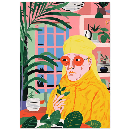 A captivating illustration of a man wearing sunglasses and holding The Yellow Botanist, available as high quality posters.
