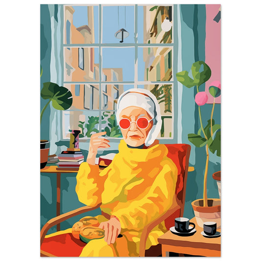 An old woman in The Yellow Tea Time coat is sitting in front of a window adorned with colorful wall art.