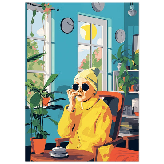 A high quality colored wall art featuring The Yellow Timekeeper, a woman wearing sunglasses and sitting in a chair.