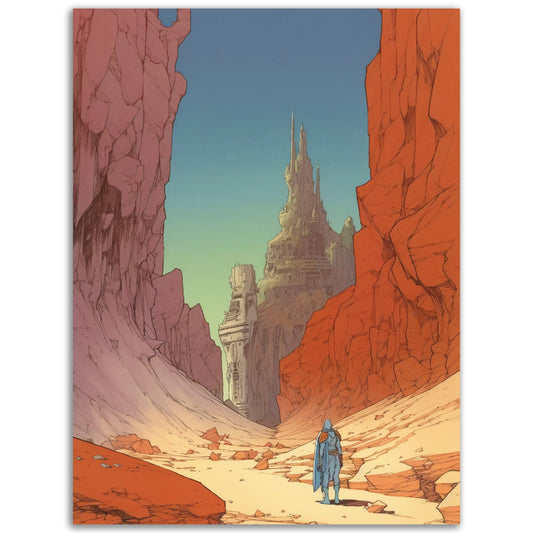 A Pop Art illustration of The Young Traveller walking through a desert, perfect for decorating your room with captivating colored wall art or adding to your collection of poster wall art.