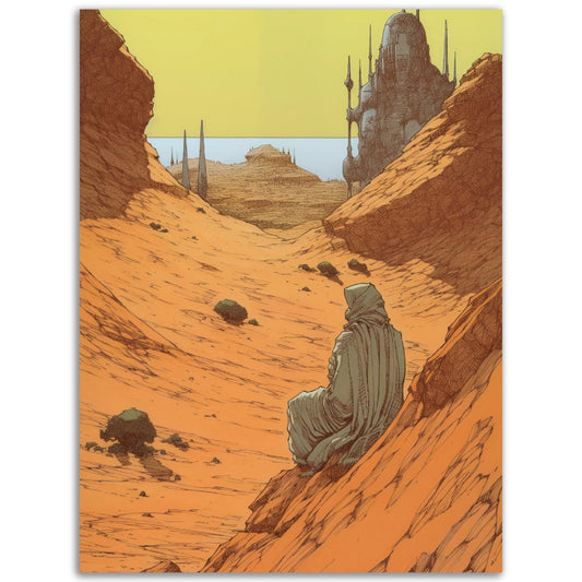 The Young Traveller At Rest, a high quality poster depicting a man sitting in the desert.