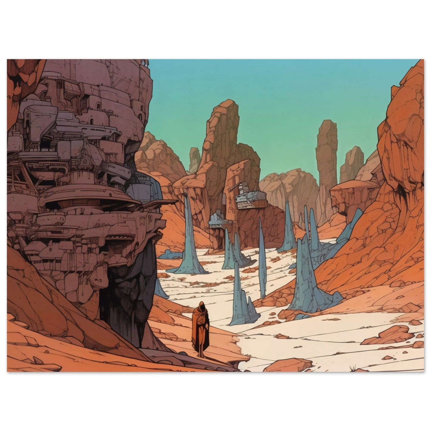 High Quality Poster Wall Art featuring The Young Traveller Returns walking through a desert landscape adorned with rocks. Ideal for decorating rooms.