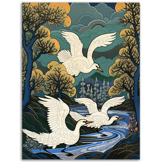 A high quality poster of Three Magic Swans flying over a river, perfect for room decor or wall art.
