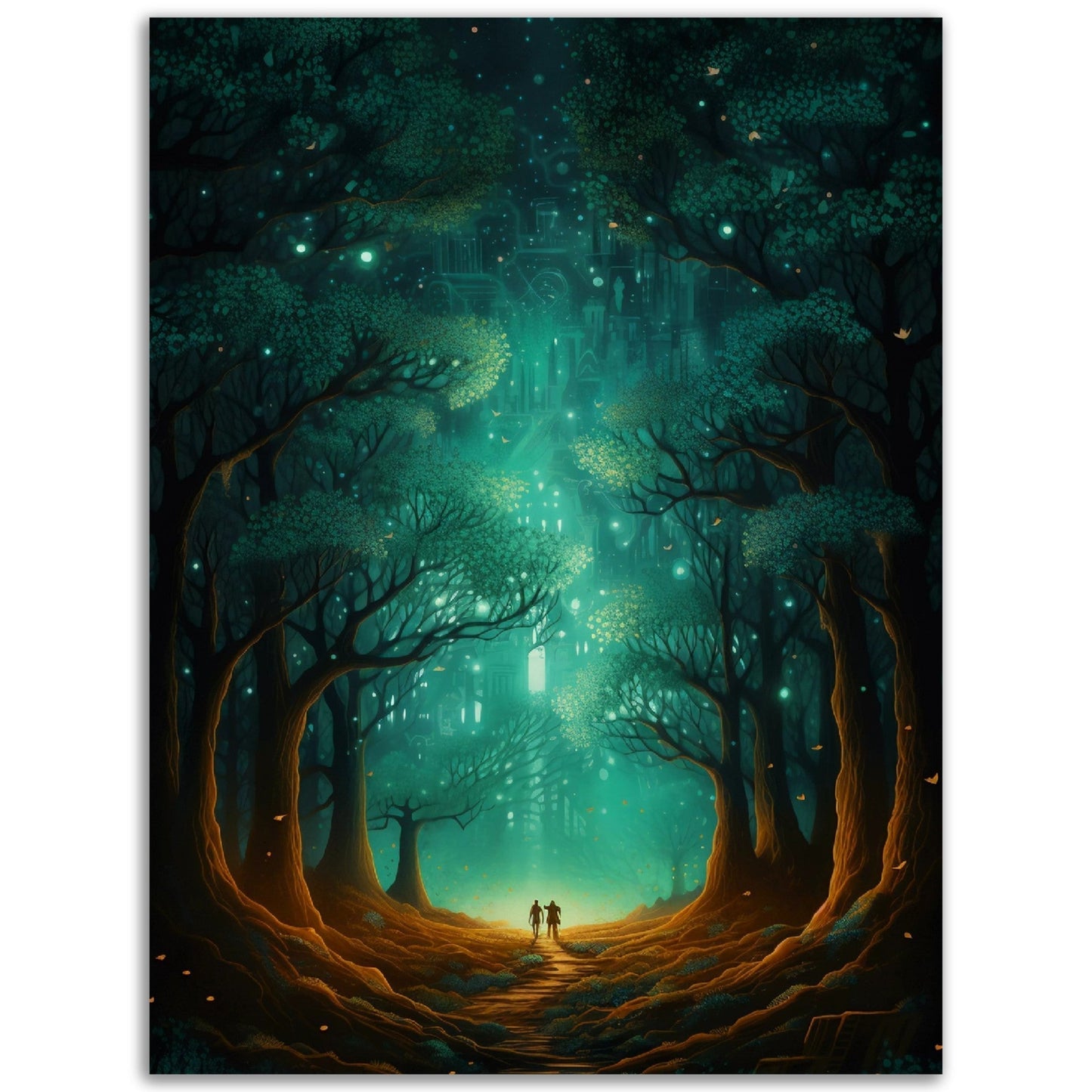 A beautiful forest painting featuring two individuals strolling through it, perfect for those seeking Pop Art and serene colored wall art or high-quality posters to enhance their room decor - Together We Enter Valhalla.