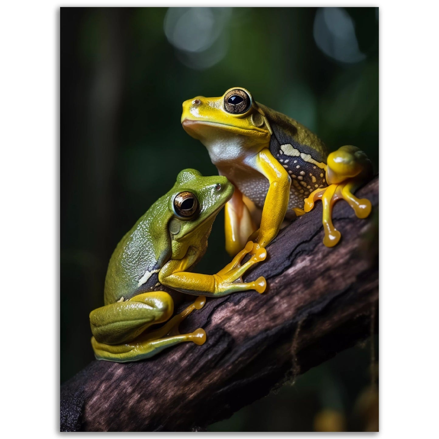 Two frogs sitting on a branch, depicted in Tropical Friends posters.