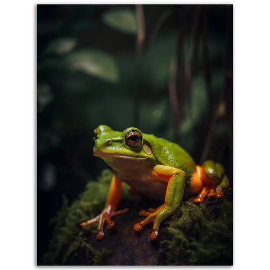 A Tropical Green Friend sitting on a mossy rock, captured in a high quality poster wall art.