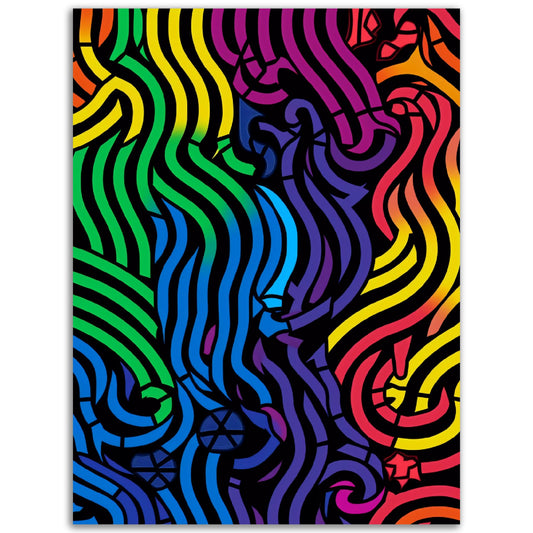 A Pop Art Turning To Colour poster with wavy lines on a black background, perfect for room decor or wall art.