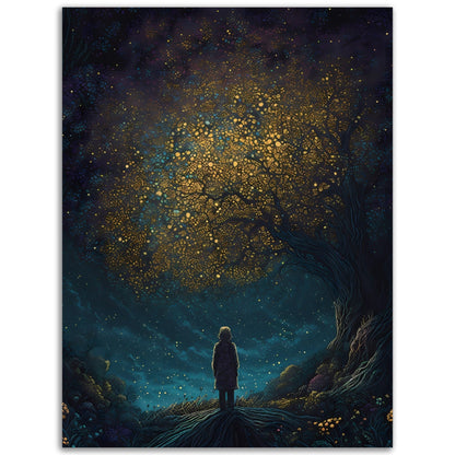 High quality Twilight Pondering by The Golden Tree wall art of a girl standing under a tree with stars in the sky.