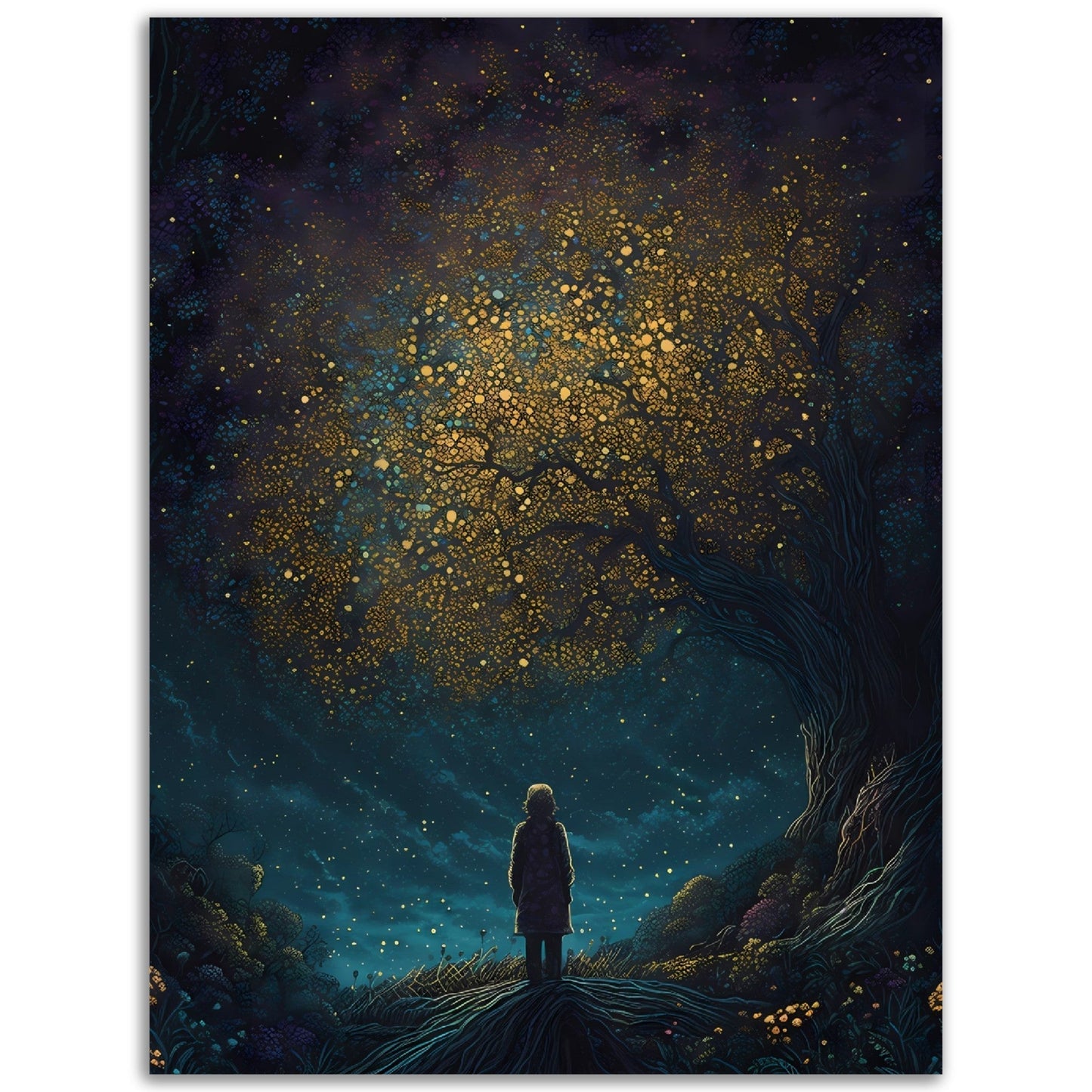 A beautiful colored Twilight Pondering poster by The Golden Tree of a girl standing under a tree with stars in the sky, perfect for room decoration or as part of a poster wall art collection.
