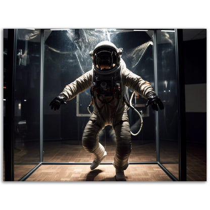 A man in an astronaut suit is standing in a glass case, surrounded by Unseen Forces.