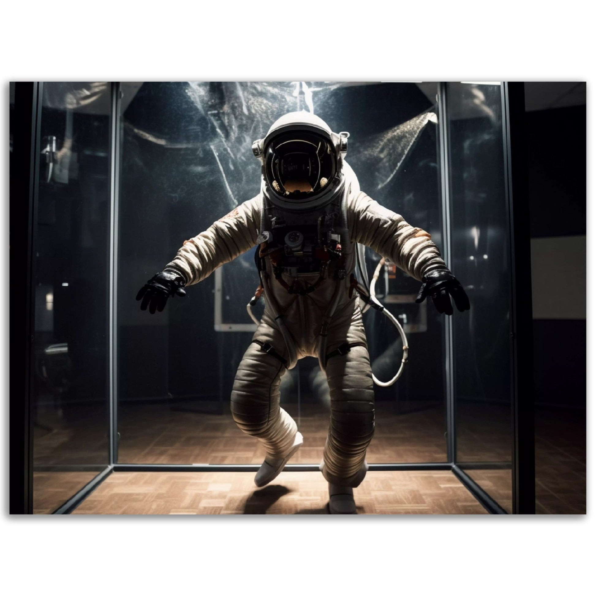 A man in an astronaut suit is surrounded by Unseen Forces wall art.