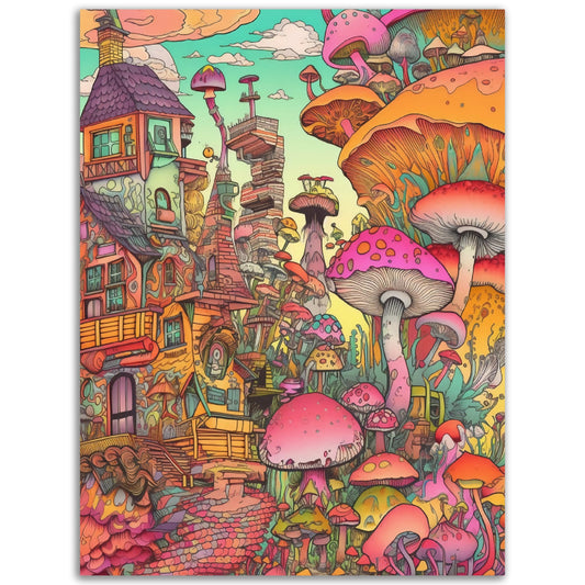 A Pop Art Voyager Mushroom City illustration suitable for a Poster Wall Art or as Colored Wall Art decor in any room.