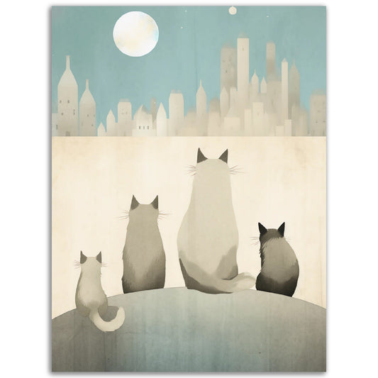 Three Animalss sitting on a hill with a city skyline in the background. This stunning Watching The City captures the whimsical charm of these feline friends against the backdrop of a bustling city.