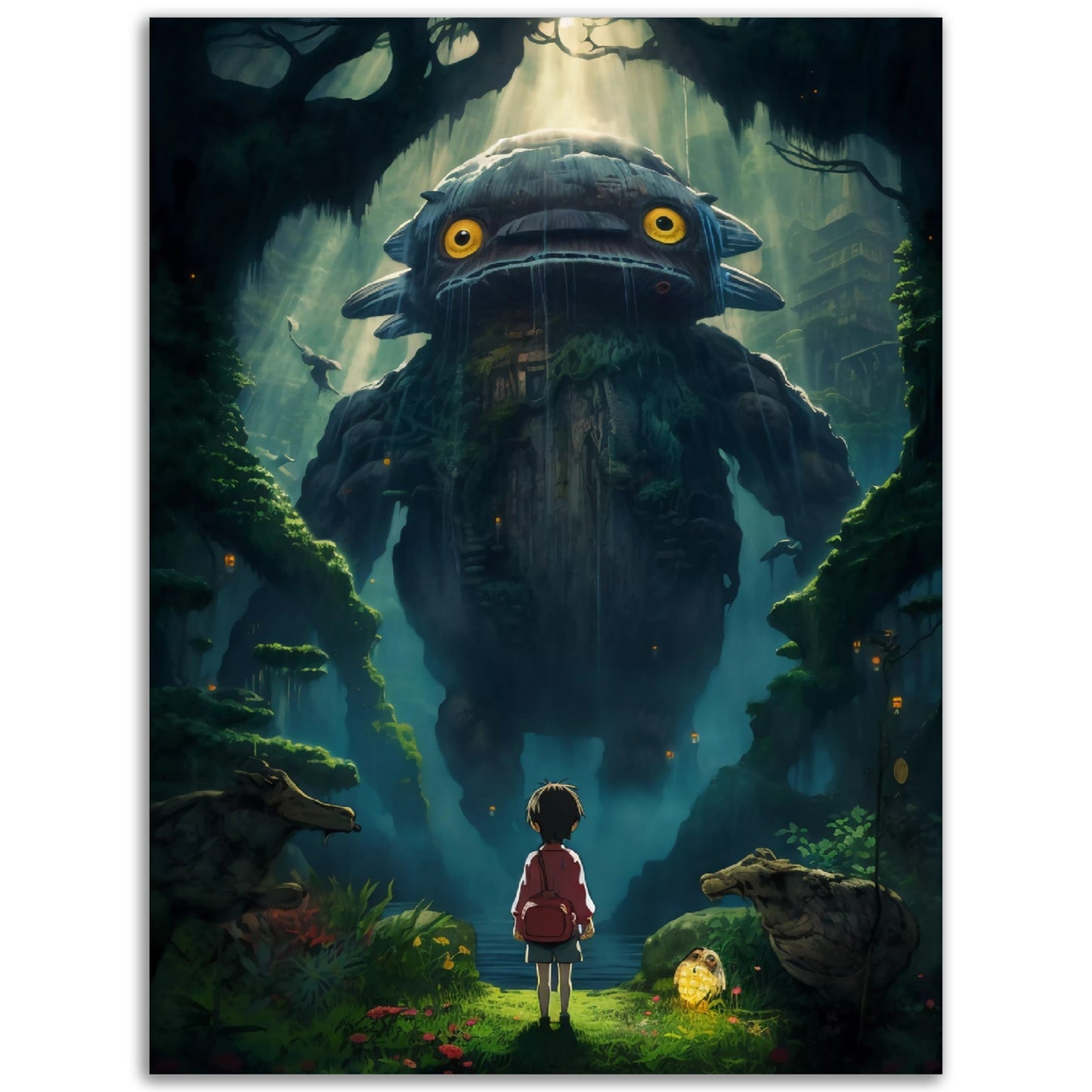 A visually striking image of a girl bravely standing before a colossal monster in the enchanting forest, captured on the "We Are Large But We Are Friends" poster.