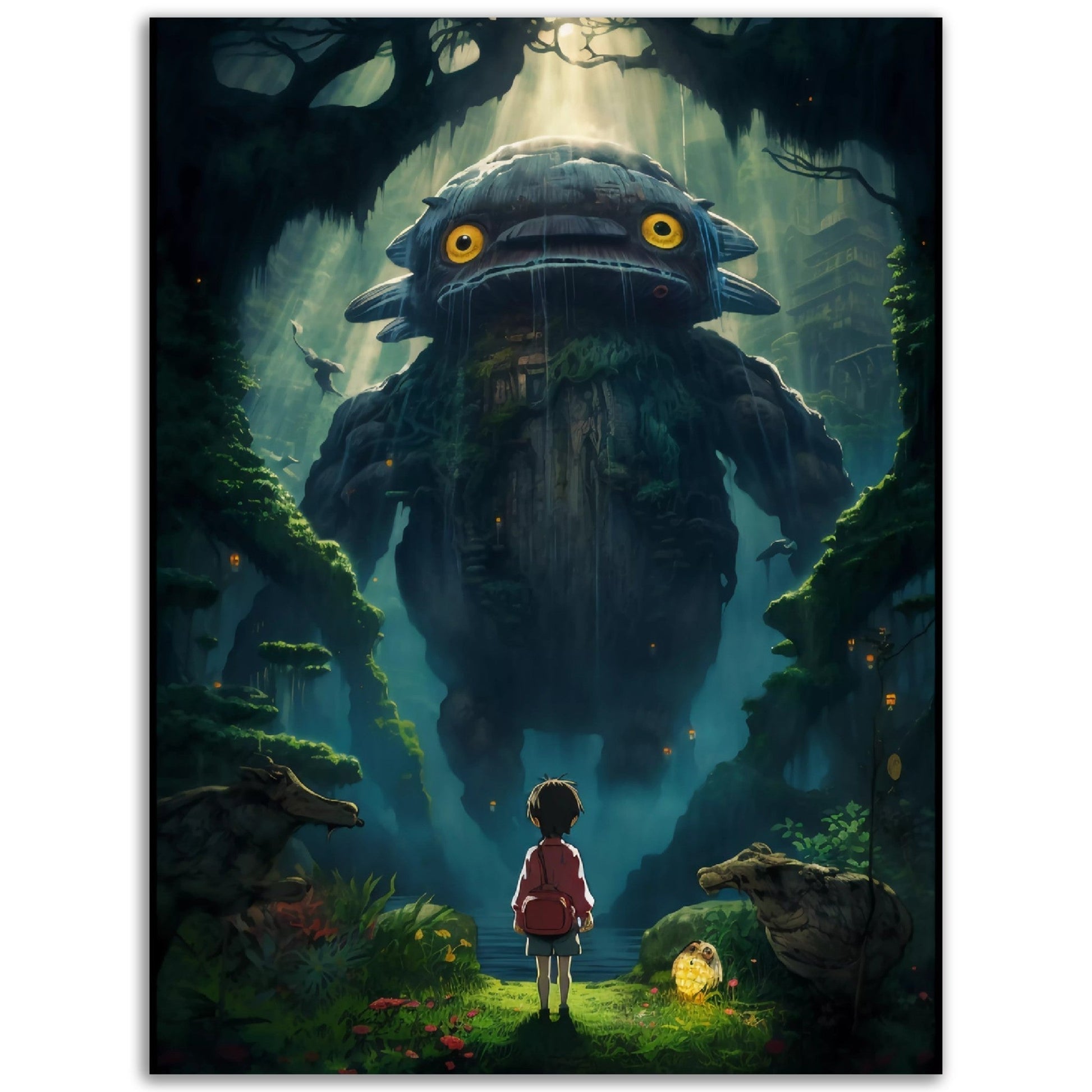 A high quality colored "We Are Large But We Are Friends" wall art poster of a girl standing in front of a giant monster, perfect for rooms.