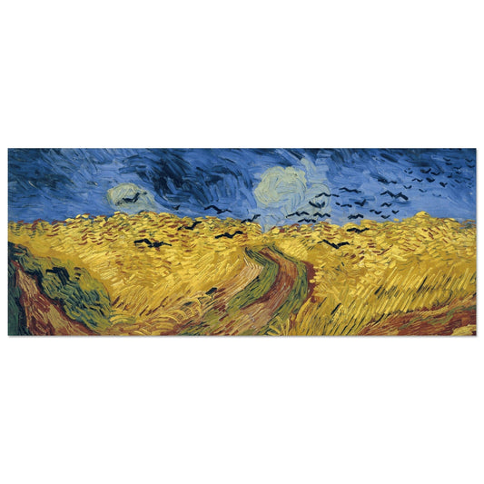 A colorful wall art of Wheatfield with Crows with birds flying over it.