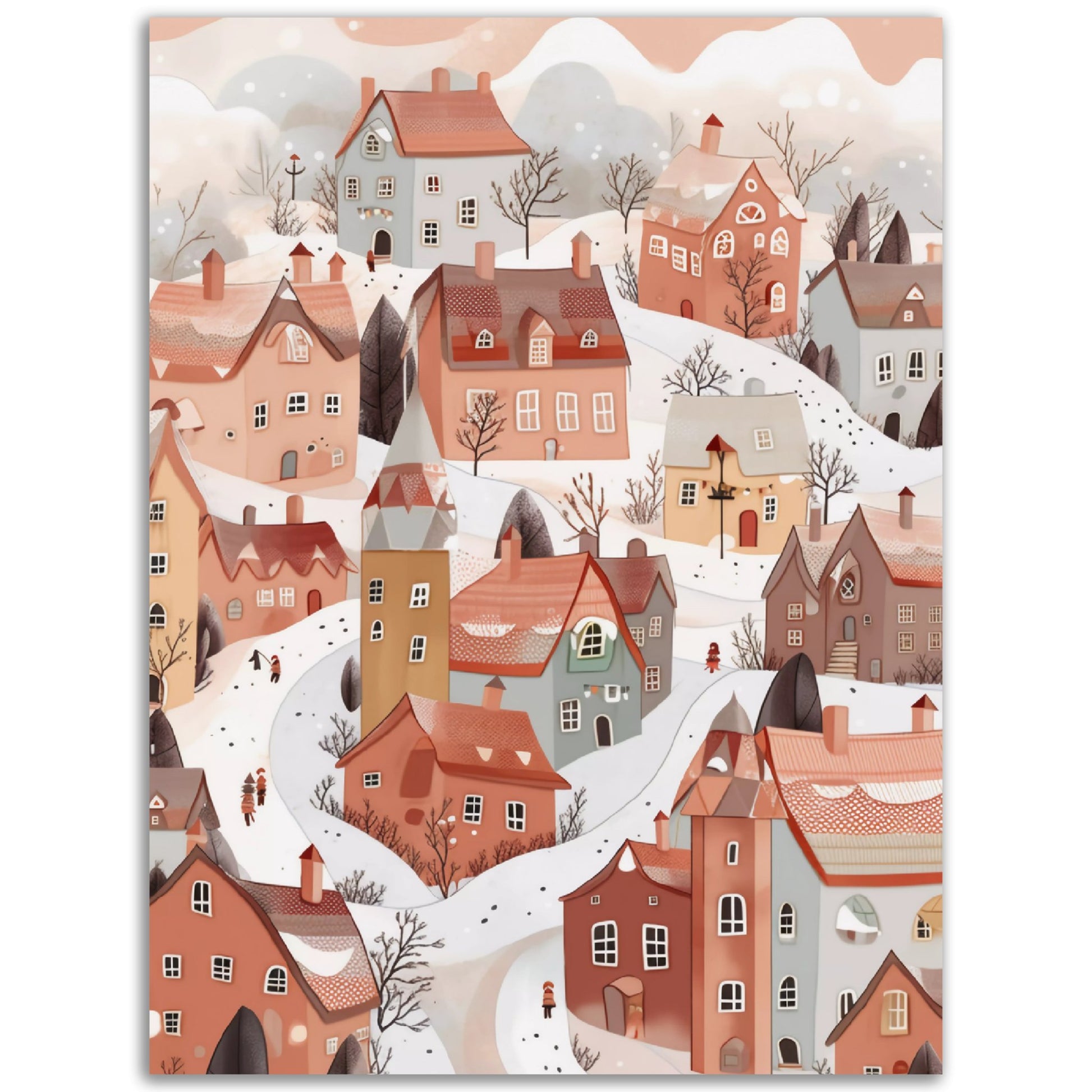 A colorful Winter Village wall art of a snowy town with houses and trees.