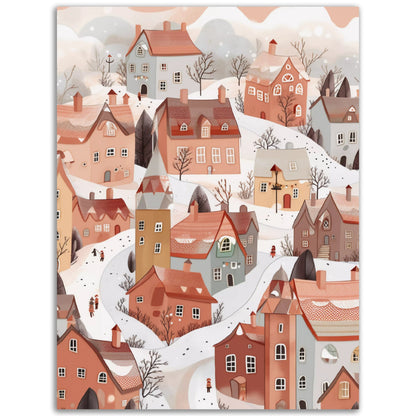 A beautiful illustration of Winter Village with houses and trees, ideal for high quality posters or poster wall art in your room.